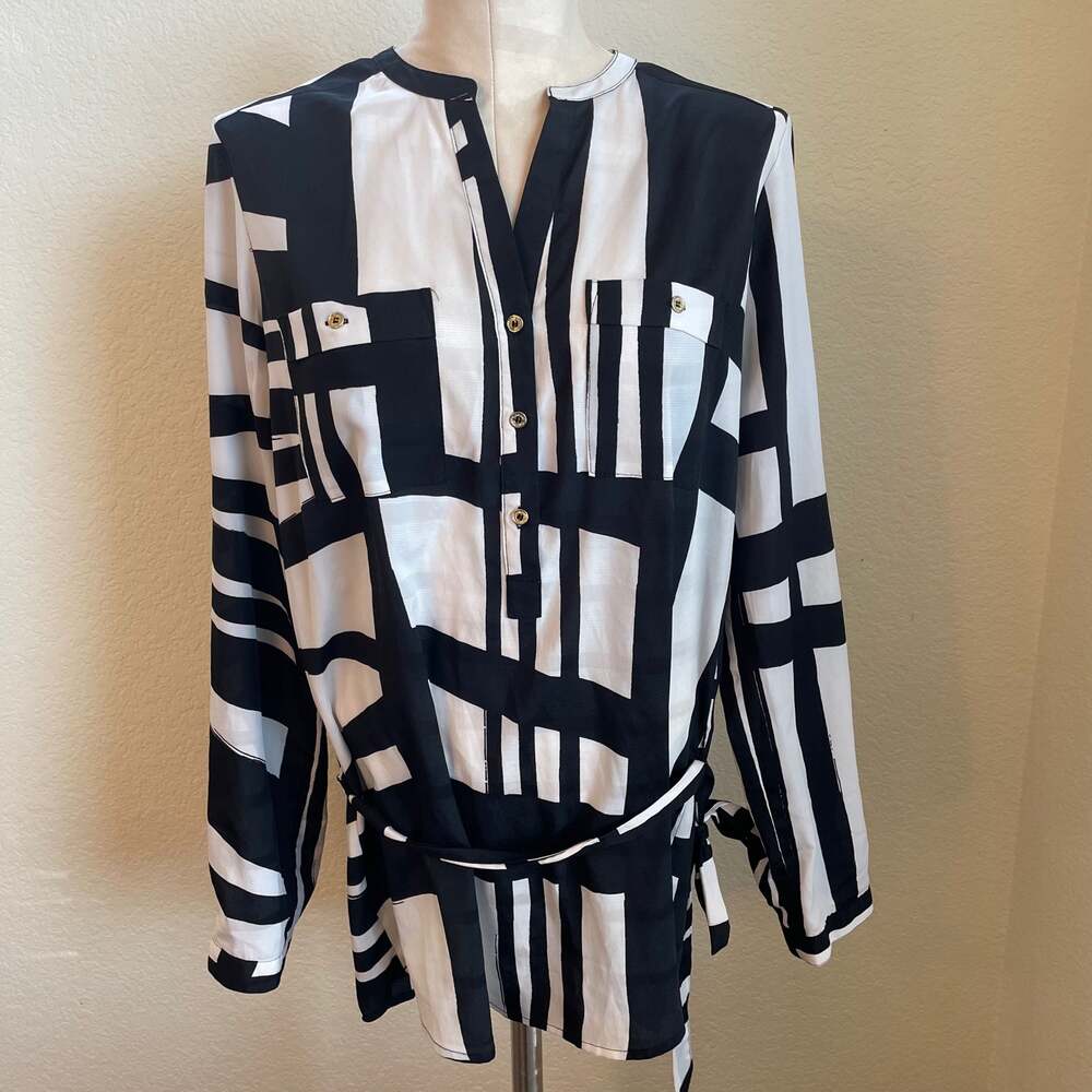 Calvin Klein Black White Mosaic long sleeve womens blouse small gold buttons
